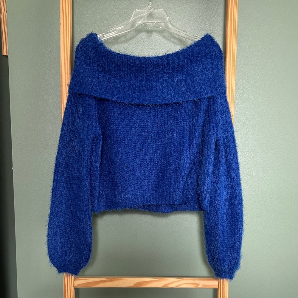 Main Strip Royal Blue Off-Shoulder Sweater